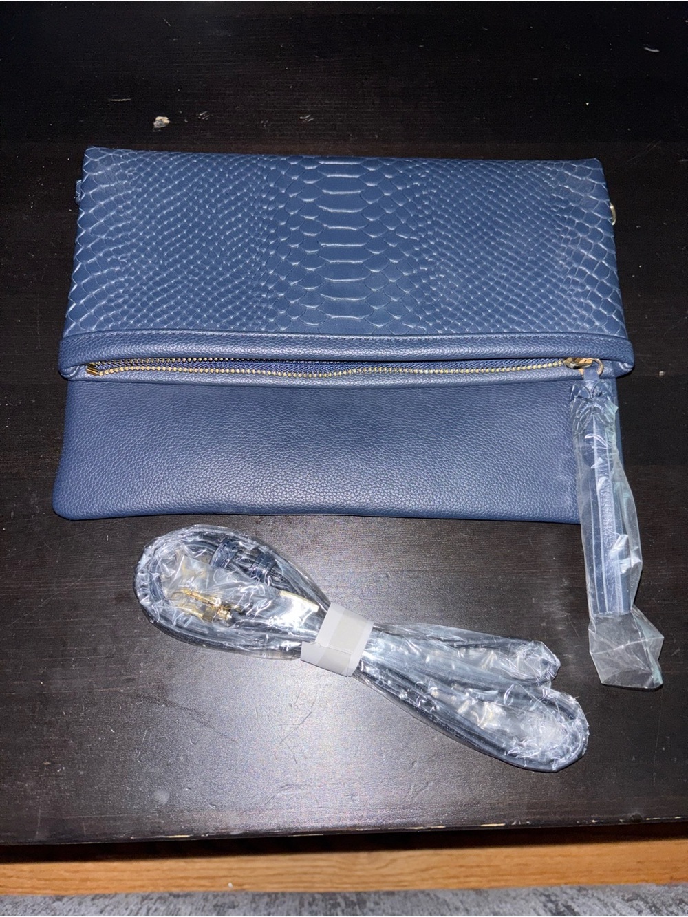 GiGi New York Blue Fold-Over Clutch with Textured Upper